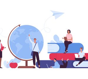 School and university education concept. Vector flat people illustration. Multiethnic group of student. Book, earth globe, paper plane symbol on sky background.