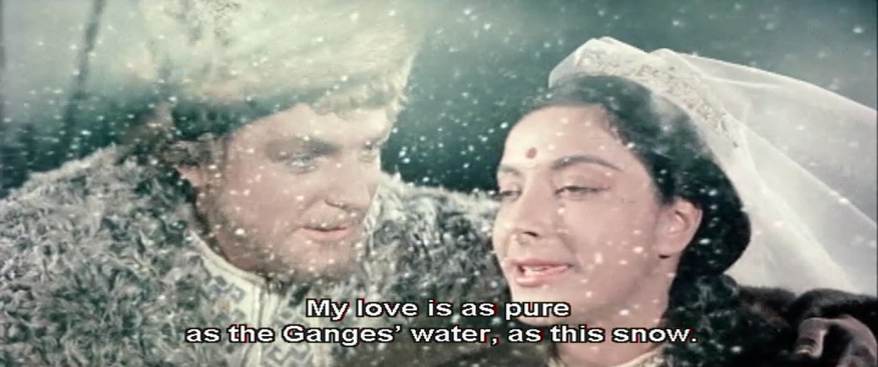 Film still with caption "My love is as pure as the Ganges' water, as this snow."
