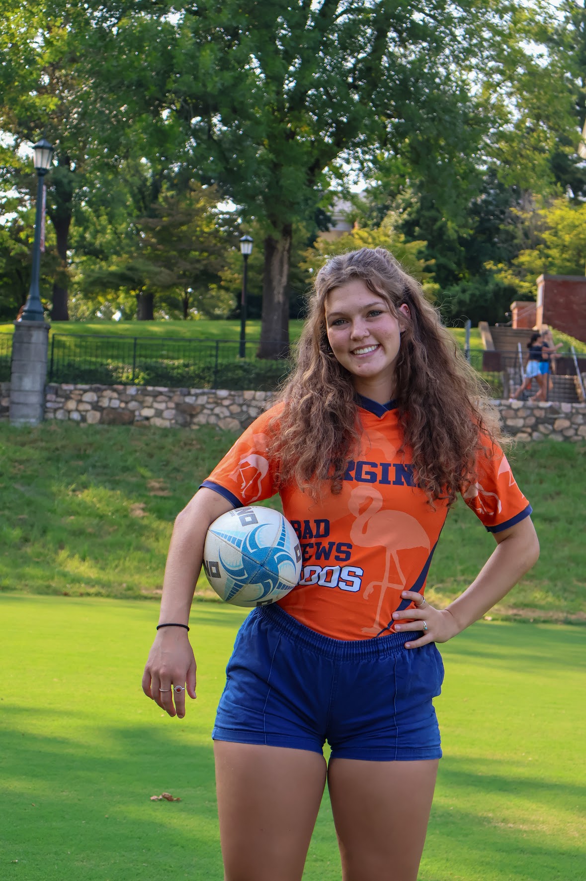 Milena Keene in rugby gear with ball