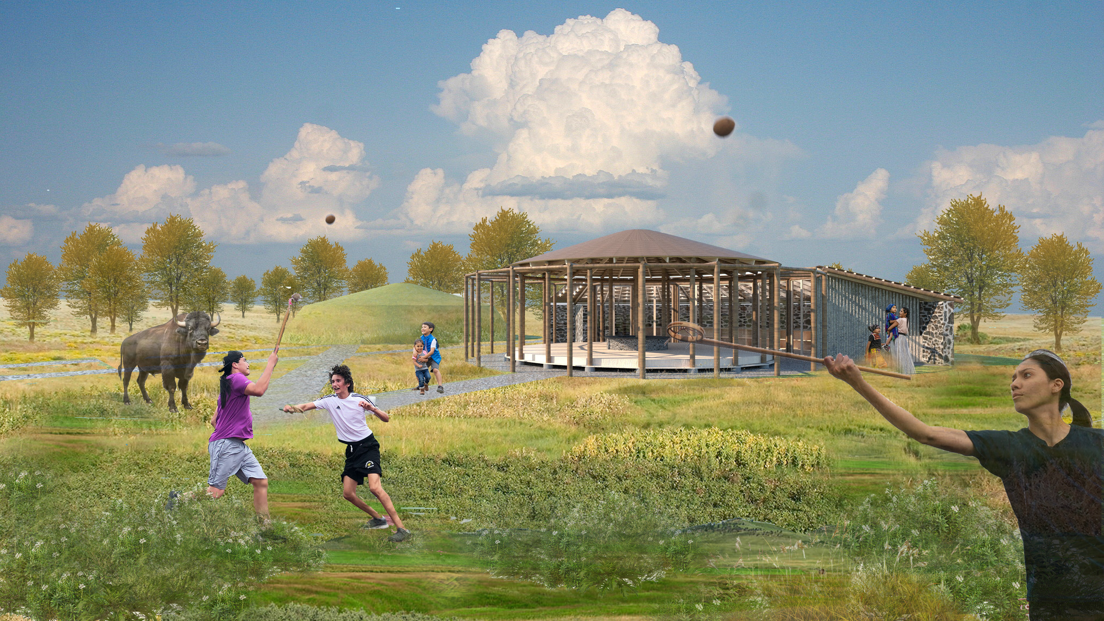 Image of projected bundle carriers camp building with kids playing and a bison on surrounding grass