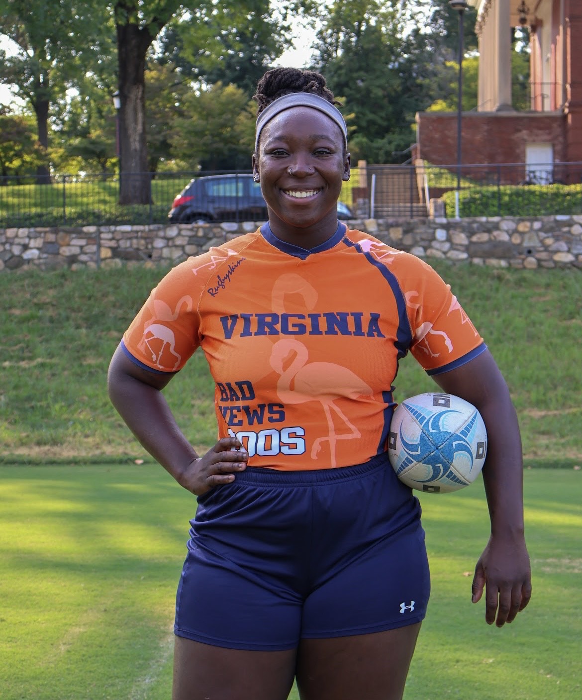 Verita Bordoh-Ansah in rugby gear with ball