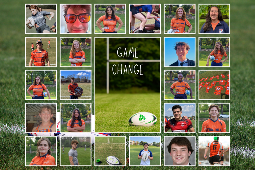 Collage of student photos and rugby photos