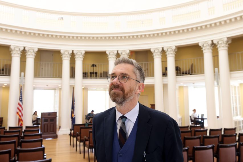 Mayor Lepore looks up at the domed ceiling of the Rotunda