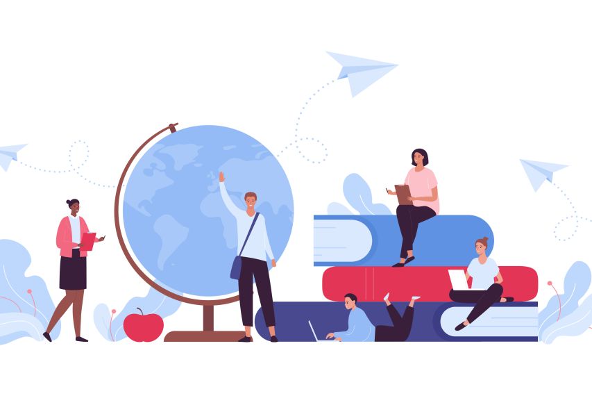 School and university education concept. Vector flat people illustration. Multiethnic group of student. Book, earth globe, paper plane symbol on sky background.