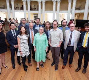 The recipients of the University Teaching Awards include, left to right, Erin Clabough, Peter Belmi, Jamie Jirout, Brian Wright, Chris Neu, Andrew Pennock, Phoebe Crisman, Anne Jewett, Ian Mullins, Daniel James, Michael Doran and David Singerman. (Photo by Coe Sweet)