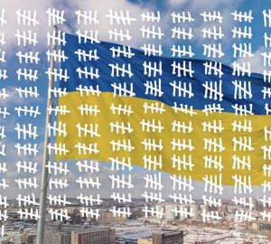 Ukrainian flag covered with hashmarks representing days since war began