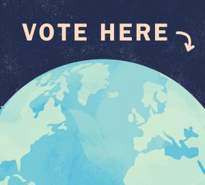 World with text Vote Here and arrow