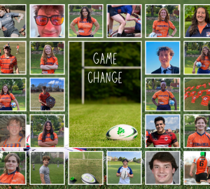 Collage of student photos and rugby photos